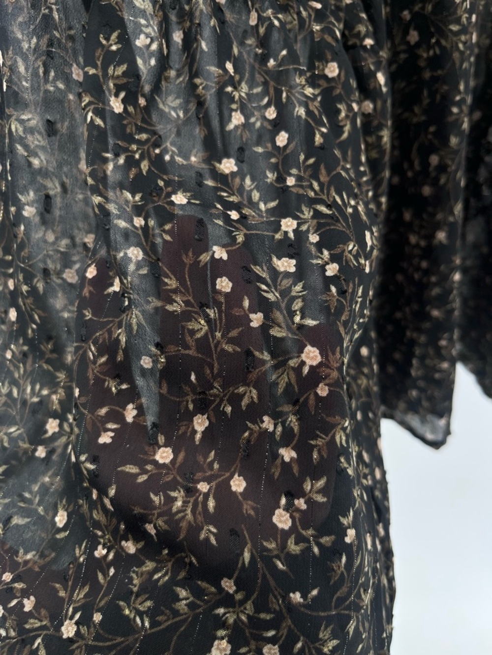 Blu Pepper Black Floral Sheer Blouse Ruffle Tie Neck Long Sleeve Boho Top - Picture 8 of 11